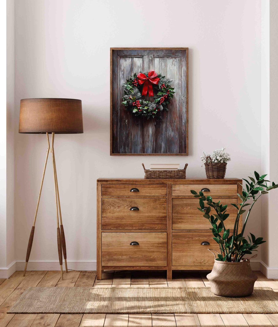 Holly Berry Wreath With Red Bow Hanging On Rustic Wooden Door Poster - Image 4