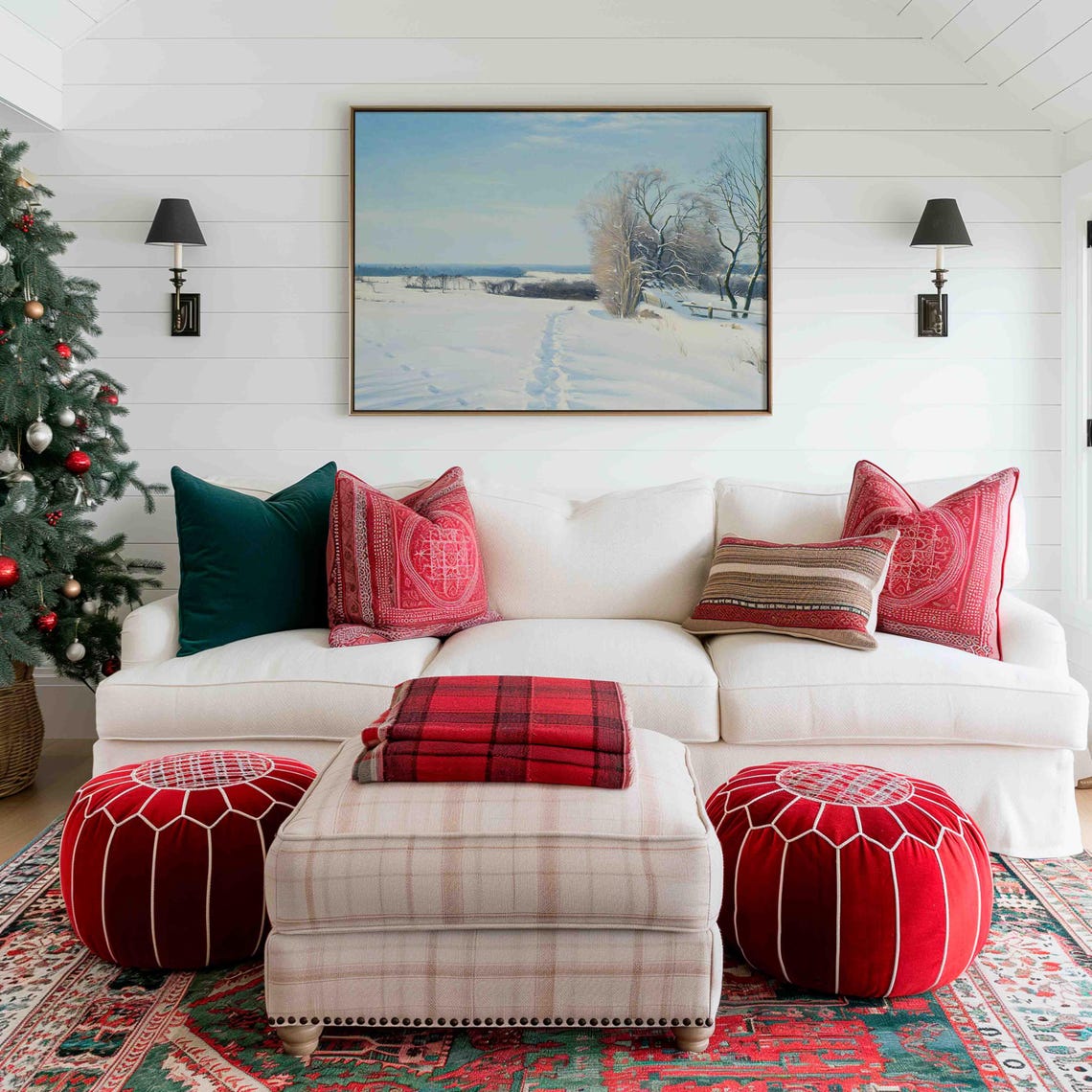 Sunlit Winter Field Snow Footprints Bare Trees Painting Poster - Image 3