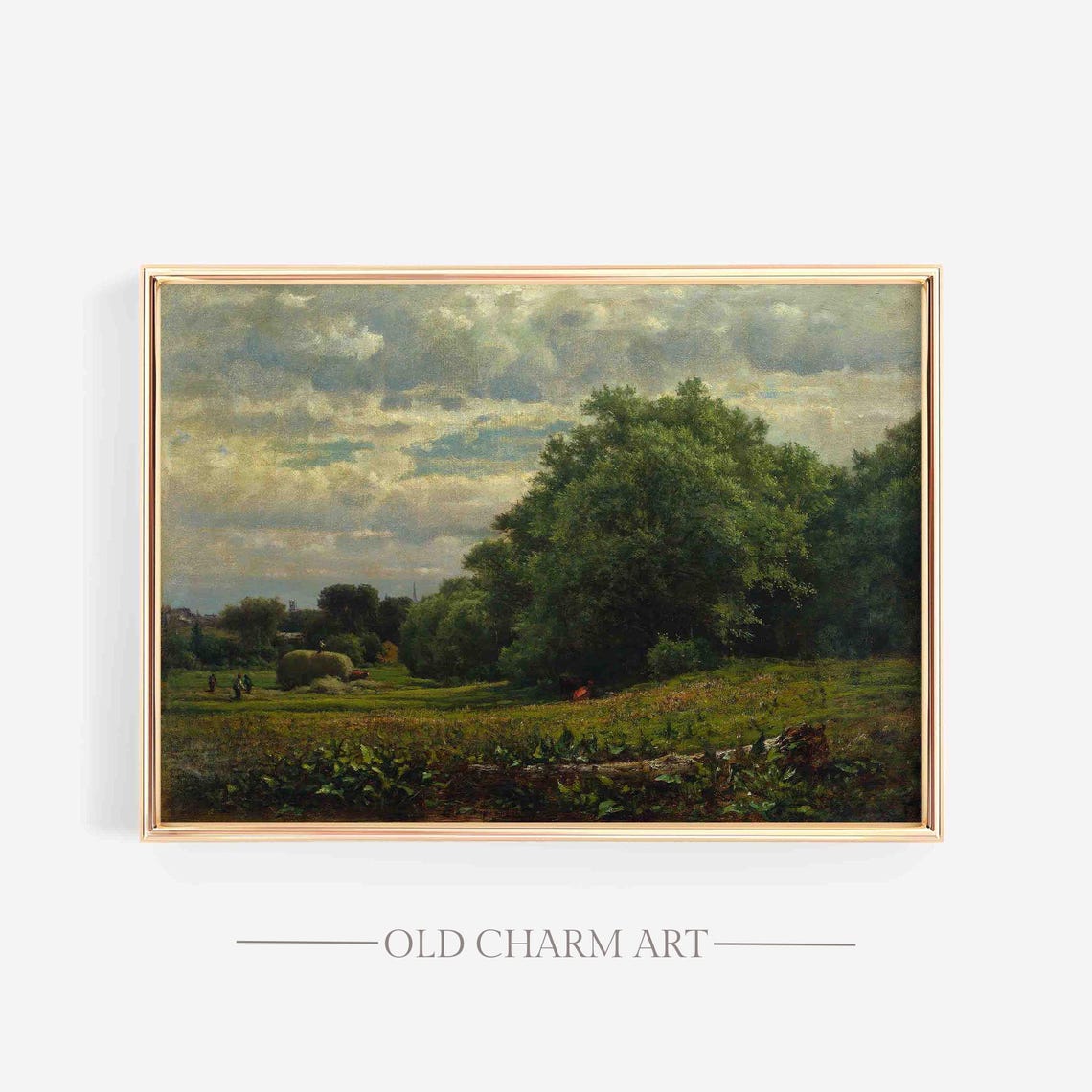Summer Hay Meadow With Big Green Trees Haystacks Landscape Poster