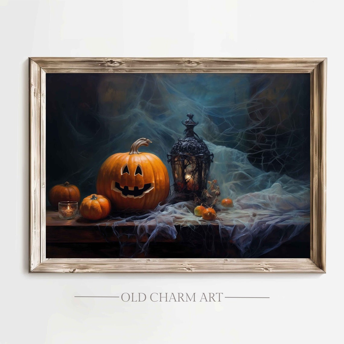 Jack O Lantern And Black Lantern Among Cobwebs On Halloween Poster