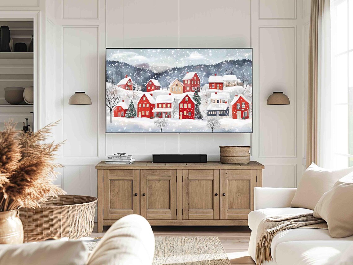 Christmas Snow Village Red Cottages Winter Night Frame TV Poster