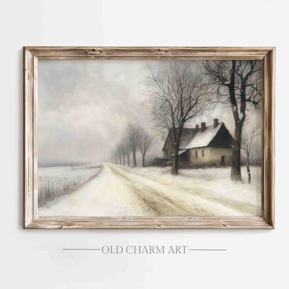 Vintage Winter Wall Art Winter Landscape Oil Painting Cottage Winter Decor Moody Landscape Art Wa223