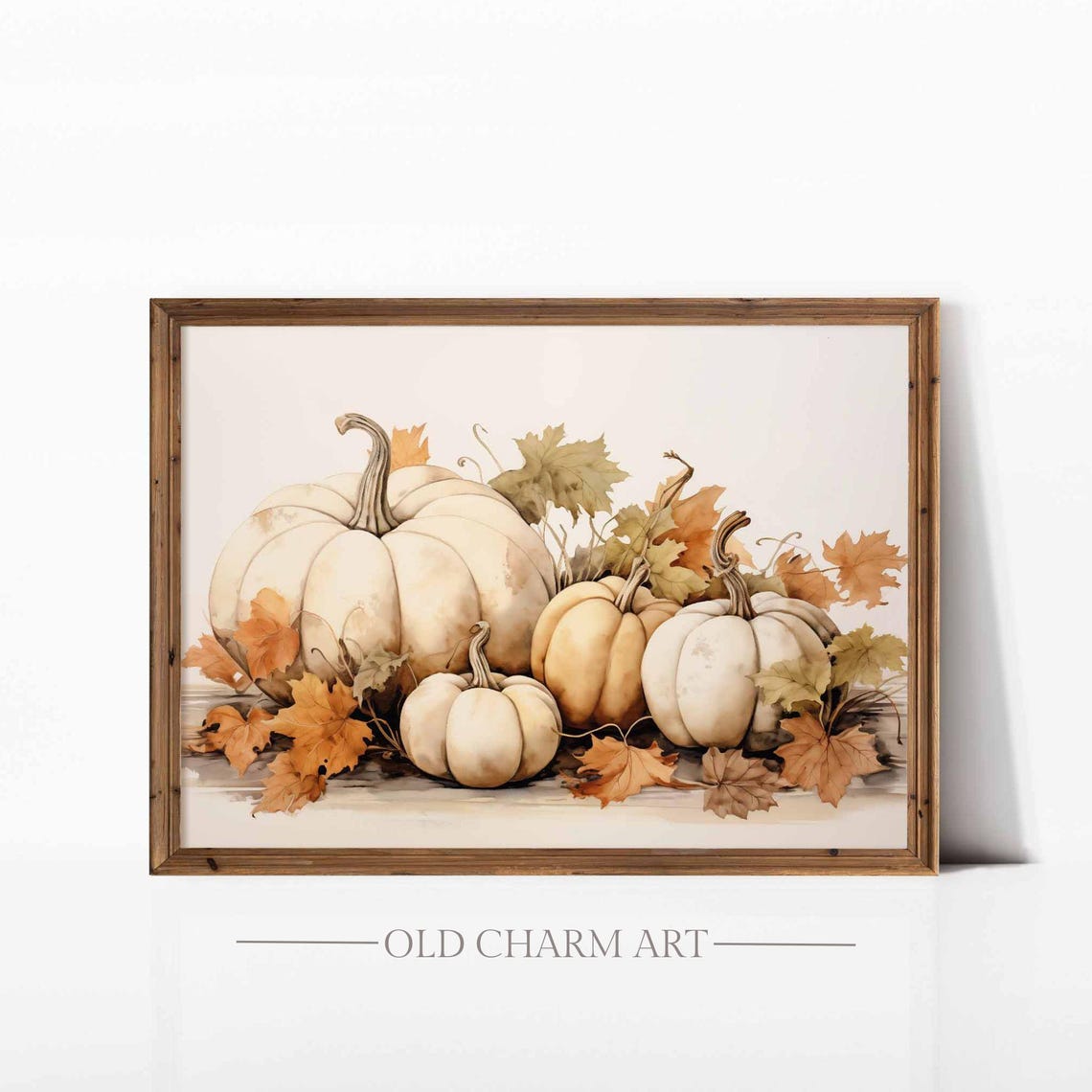 White Pumpkins And Autumn Leaves Neutral Fall Still Life Poster