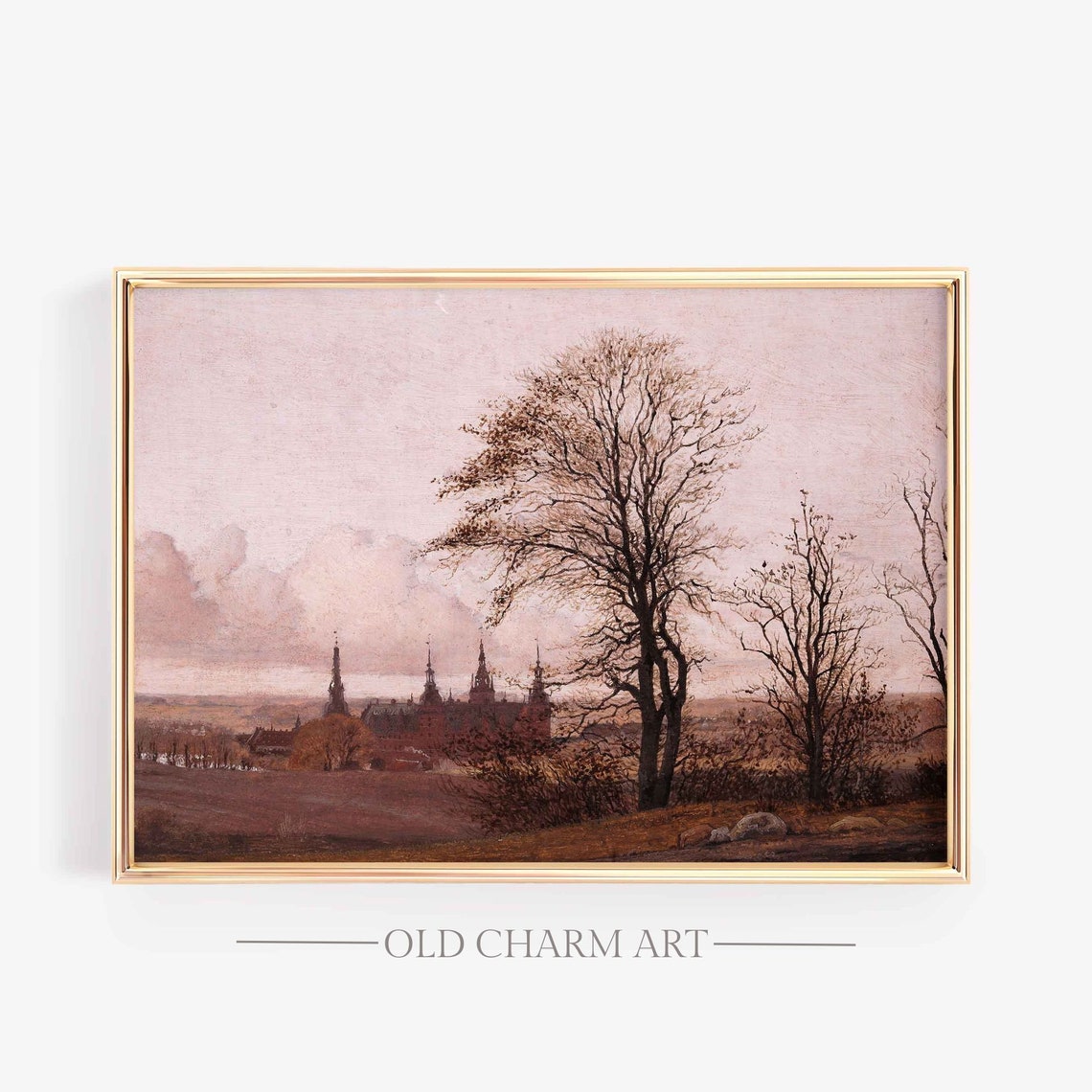 Bare Autumn Trees With Distant Castle Spires Under A Pink Sky Poster