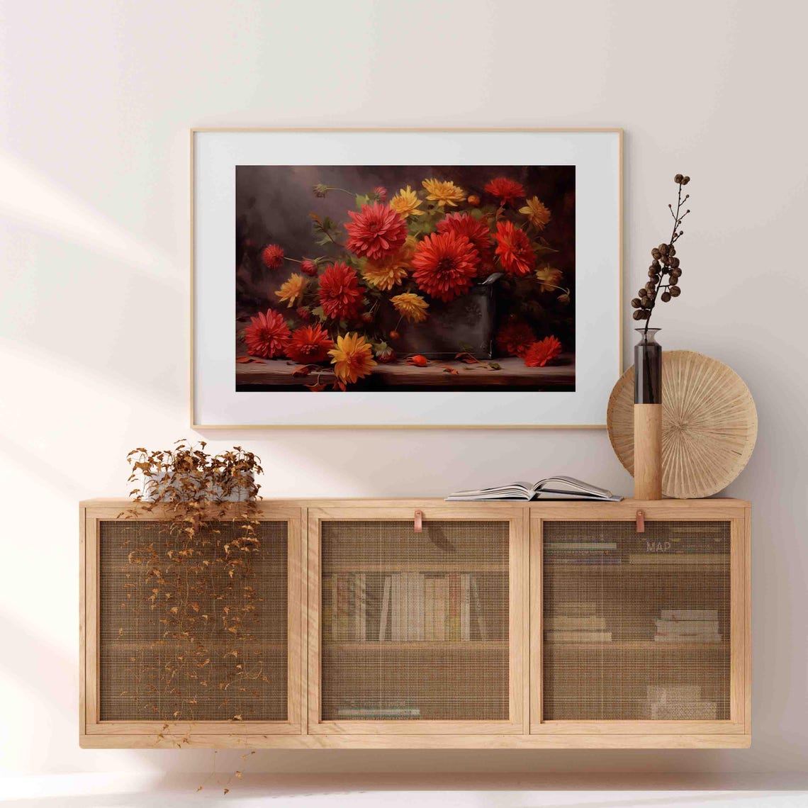 Red And Yellow Chrysanthemums In A Dark Metal Container Poster - Image 4
