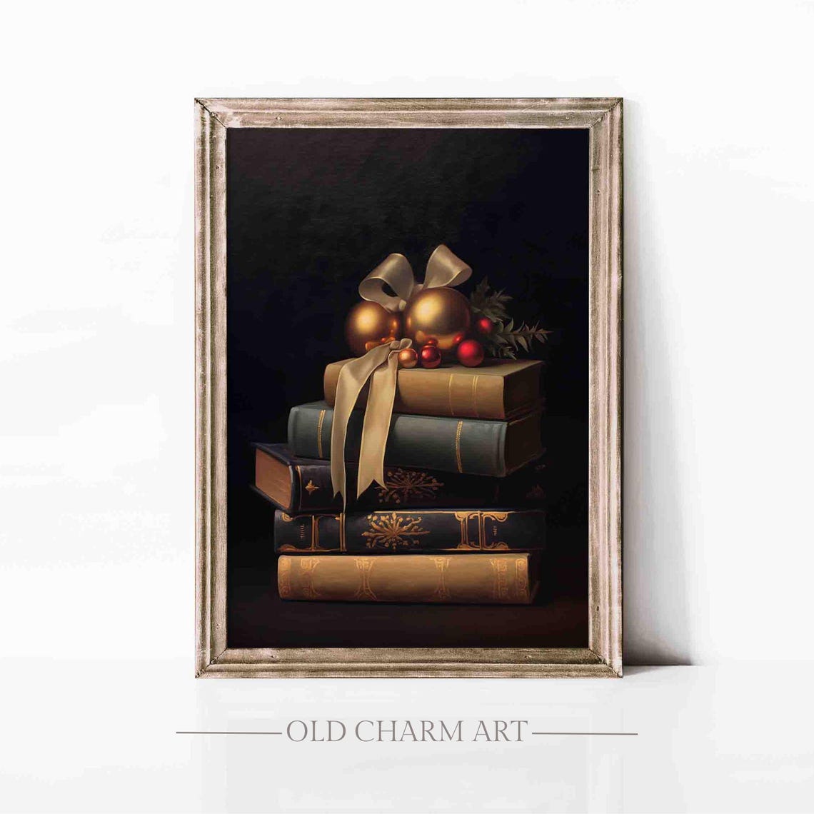 Christmas Wall Art Vintage Christmas Print Books Still Life Oil Painting Winter Decor Poster Christmas Poster Wa207