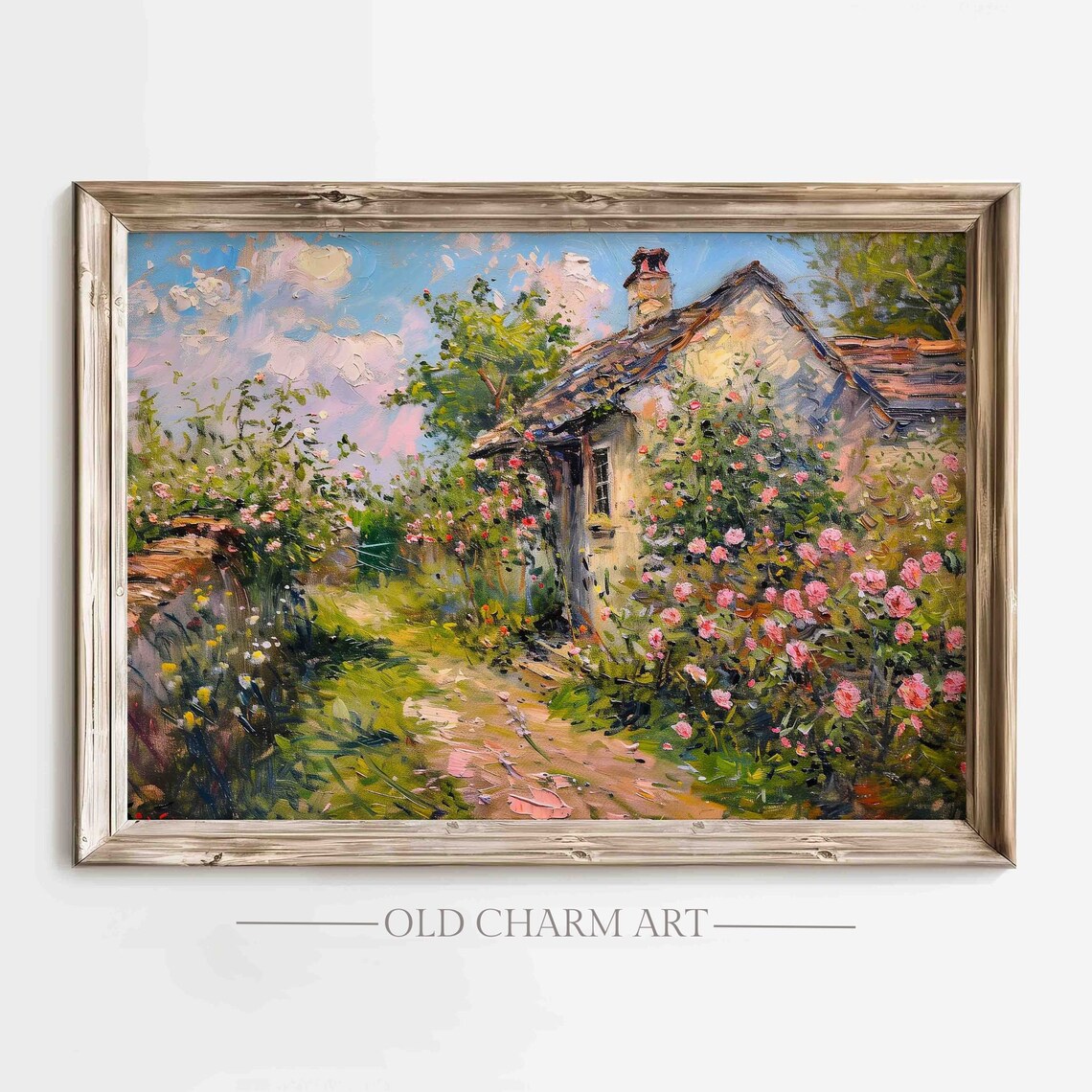 Cottage Rose Garden Wall Art Vintage Cottage Oil Painting Spring Landscape Wall Art Farmhouse Print Wa15