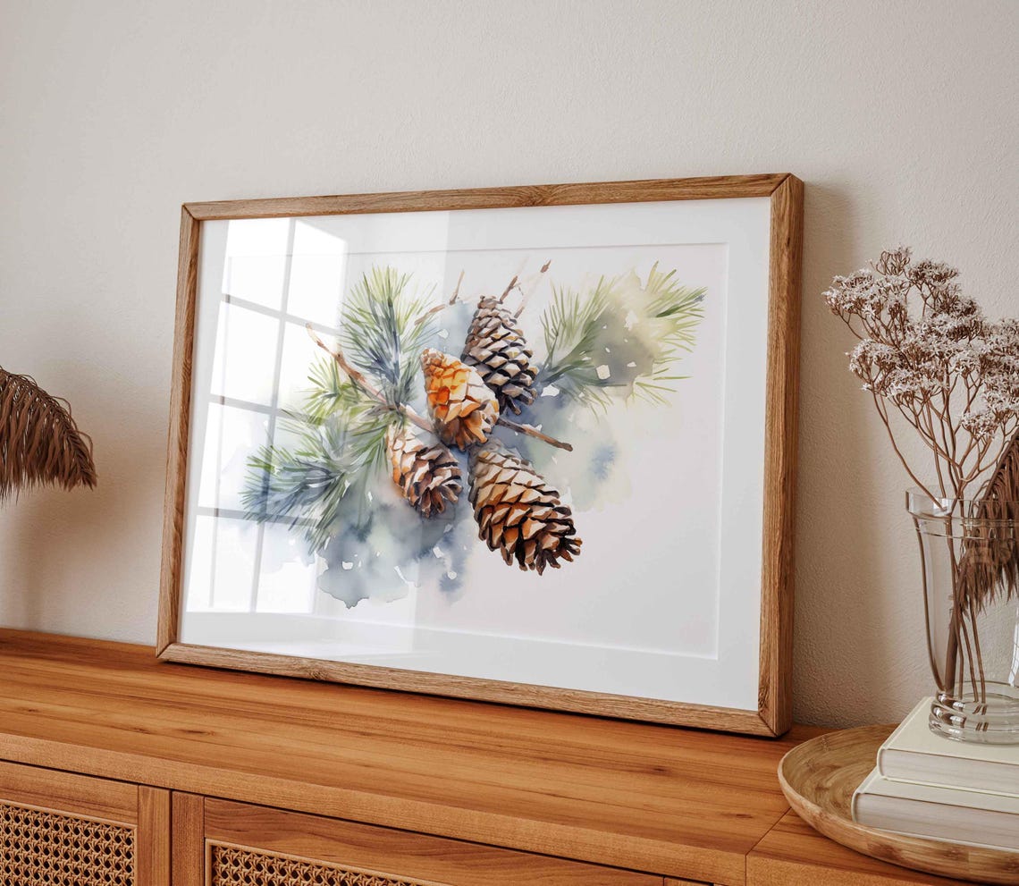 Pinecones And Pine Branches Soft Watercolor Botanical Winter Poster - Image 3