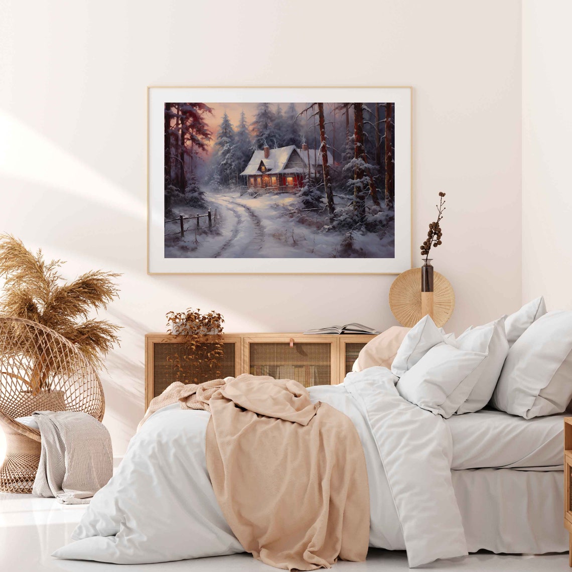 Snowy Forest Cabin Glowing Windows Christmas Dusk Painting Poster - Image 3