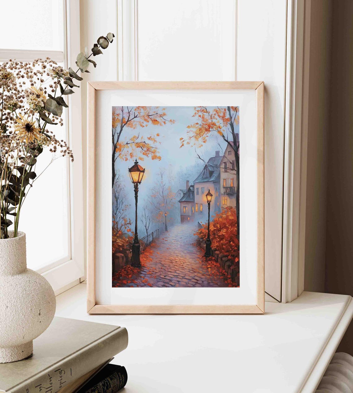 Autumn Old Town Street At Dusk With Glowing Lamps And Leaves Poster - Image 3