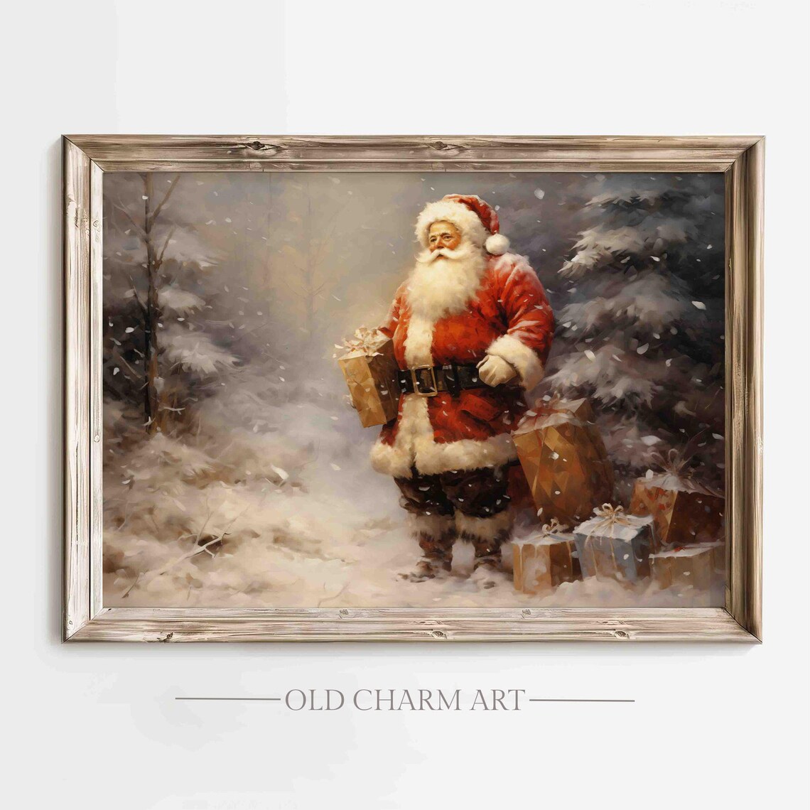 Classic Santa Claus Christmas Gifts Snowy Forest Painting Poster