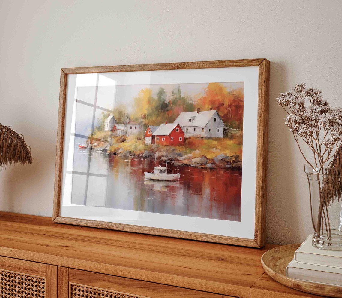 Red Coastal Village Rocky Shore Autumn Lake Cozy Painting Poster - Image 4
