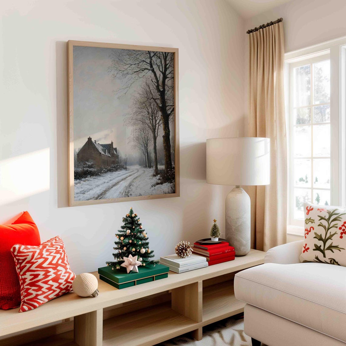 Quiet Winter Lane Brick House Bare Trees Vintage Painting Poster - Image 2
