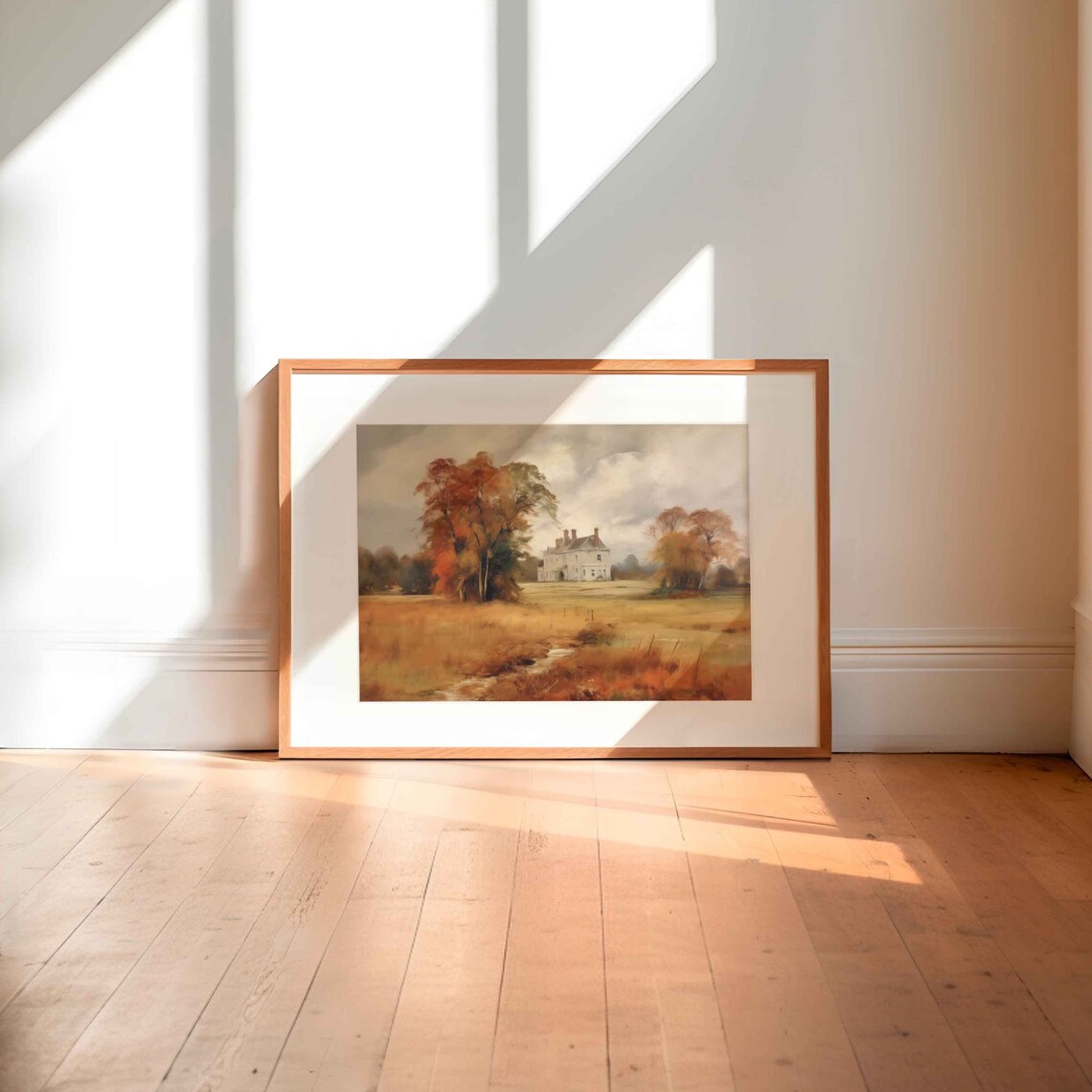 English Manor House Among Autumn Trees Golden Field Vintage Poster - Image 3