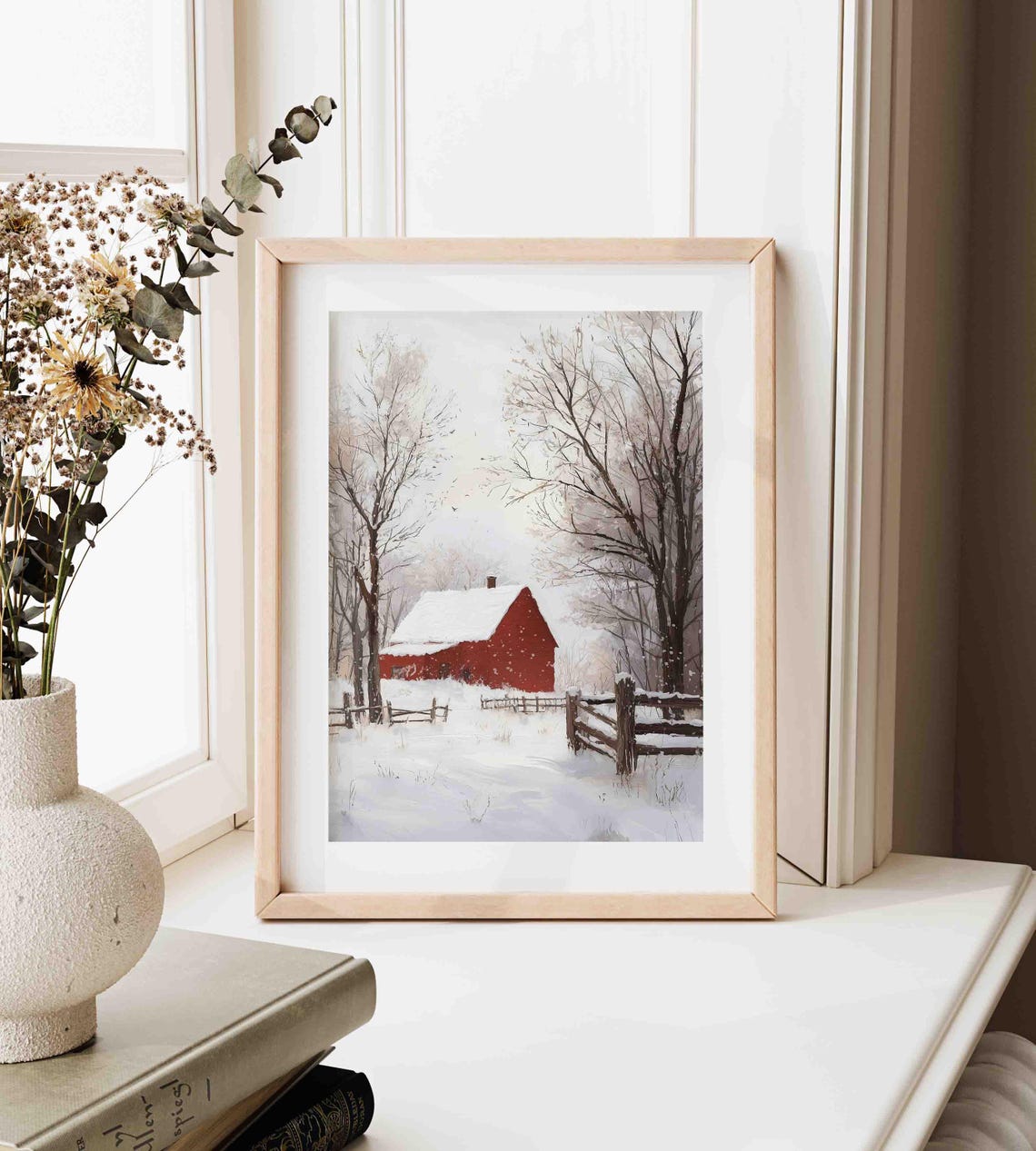 Lone Red Barn In Falling Snow Bare Trees Minimalist Winter Farm Poster - Image 2