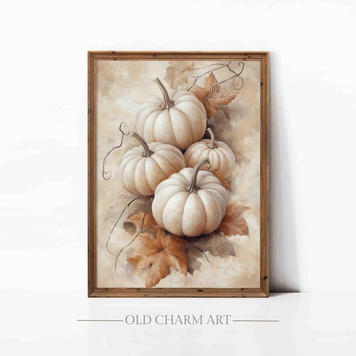 White Pumpkins With Autumn Leaves Vertical Watercolor Wall Art