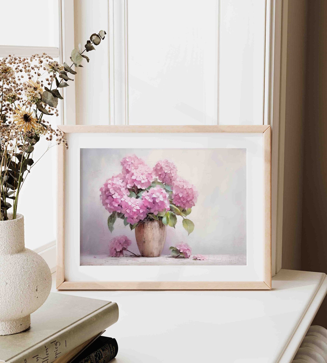 Pink Hydrangea Bouquet In Rustic Vase Soft Light Floral Oil Poster - Image 3