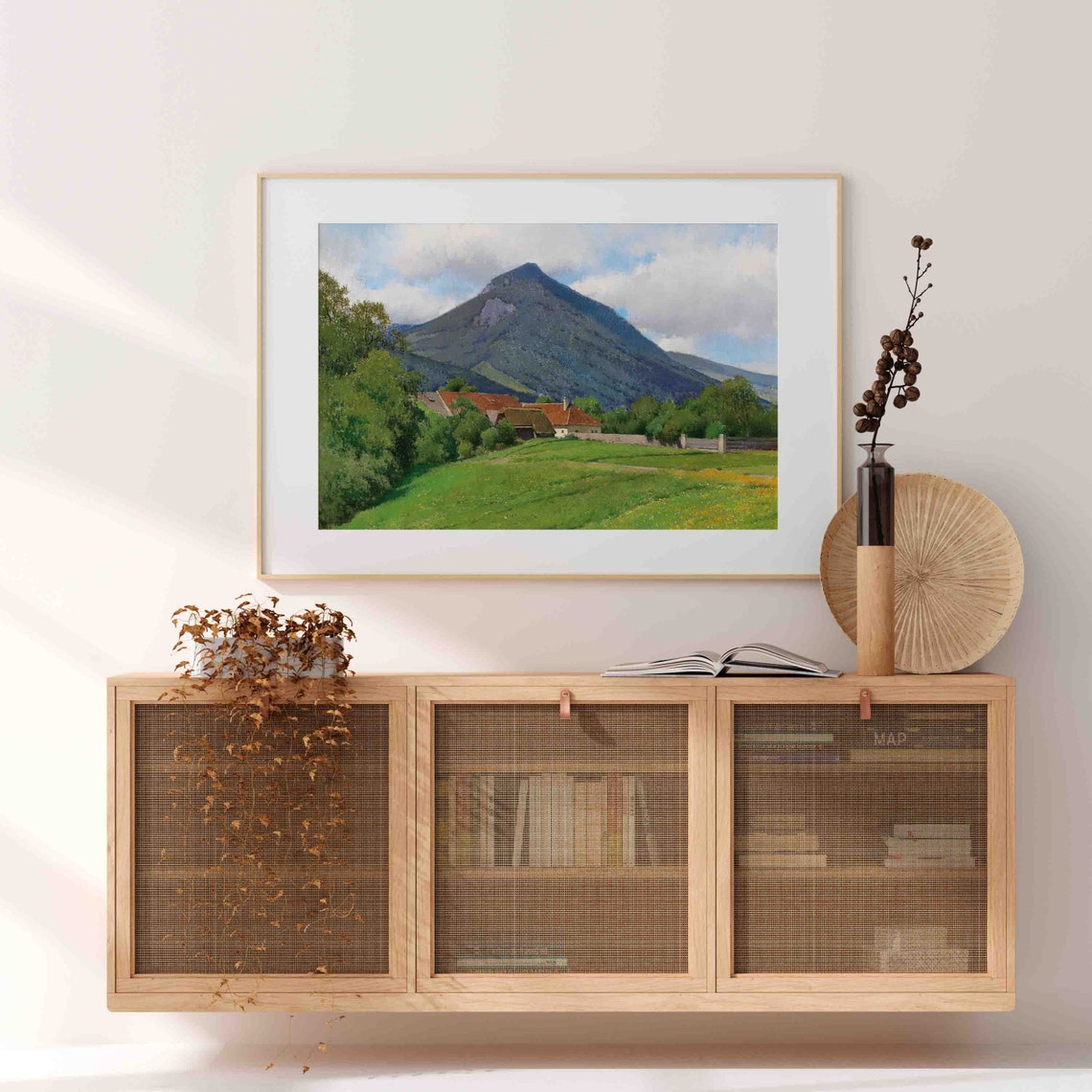 Alpine Mountain Peak Above Red Roof Farm And Green Meadow Poster - Image 4