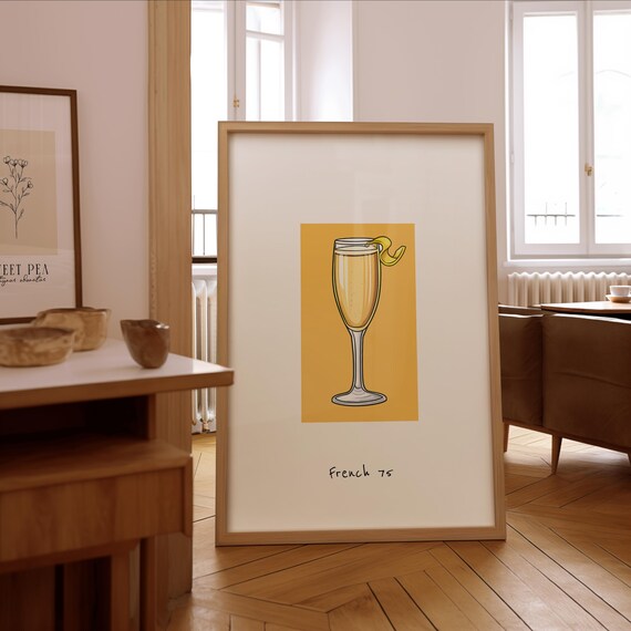 French 75 Cocktail Illustration Print Stylish Bar Wall Art Framed Or Unframed Poster Gift For Enthusiasts