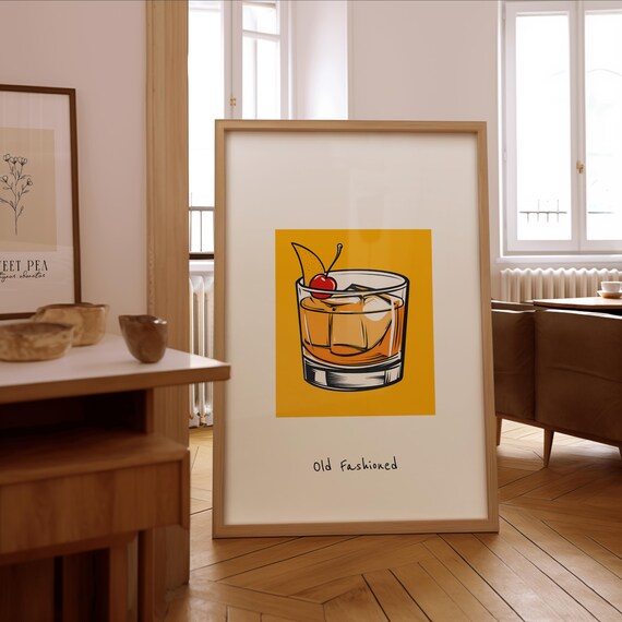 Old Fashioned Whiskey Cocktail Pop Art Yellow Bar Illustration Poster