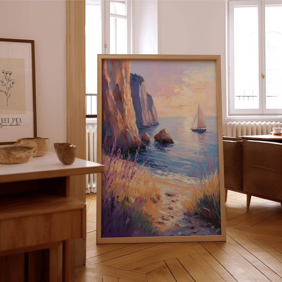 Impressionist Coastal Cliffs Sailboat Golden Hour Seascape Poster