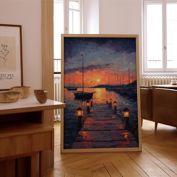 Sunset Harbor Sailboat Dock Oil Painting Impressionist Seascape Print