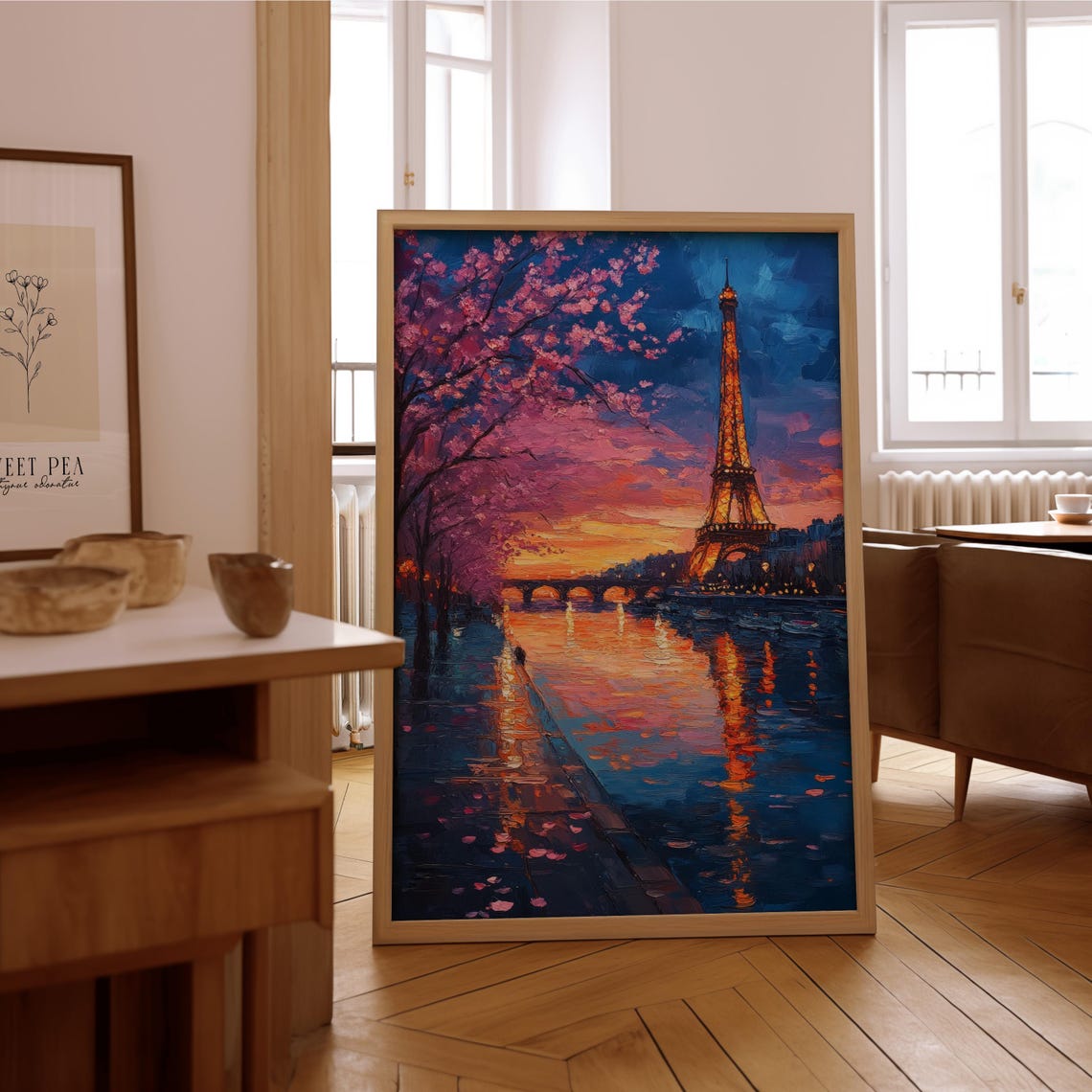 Paris Eiffel Tower Cherry Blossoms Seine Dusk Impressionist Poster