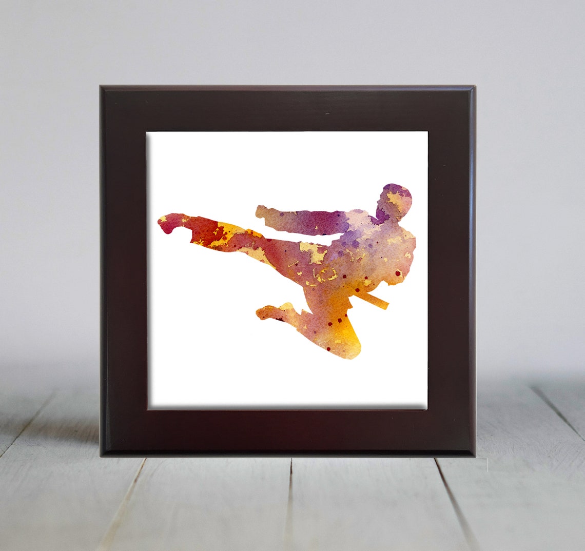 Fiery Orange Watercolor Martial Arts Flying Kick Fighter Wall Art - Image 2