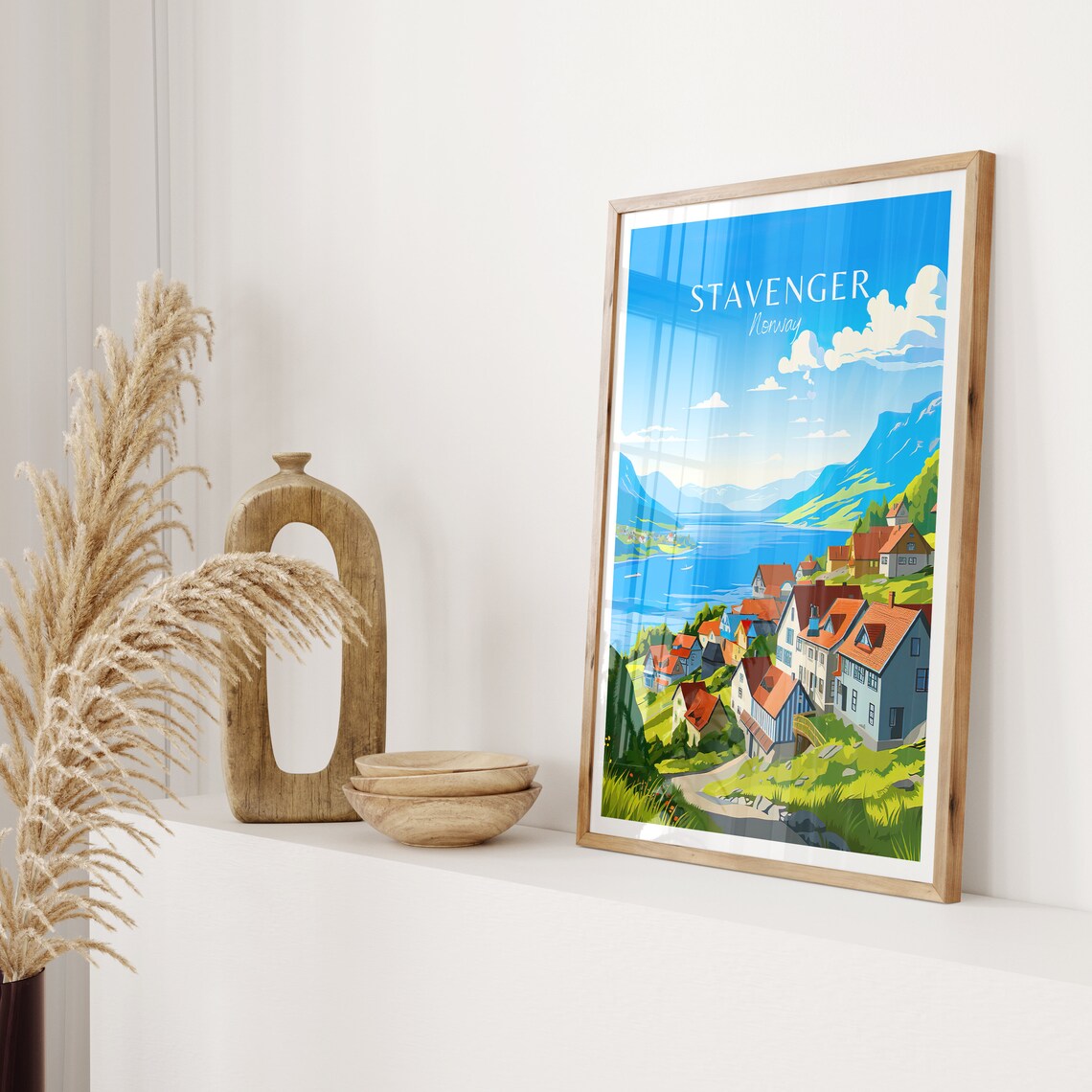 Stavanger Norway Travel Poster Fjord Village Red Roofs Mountain View - Image 2