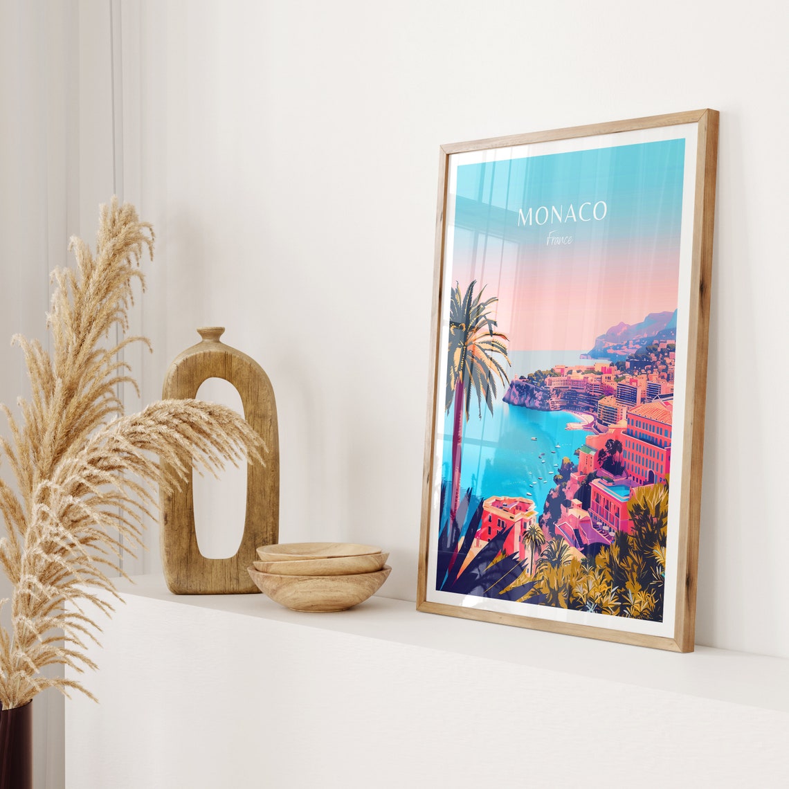 Monaco France Riviera Coastline Pink Sunset Harbor Travel Poster - Image 2