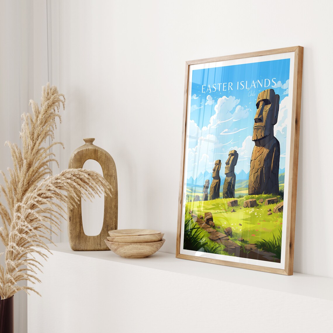 Easter Islands Chile Moai Giants Sunlit Meadow Ancient Stones Poster - Image 2