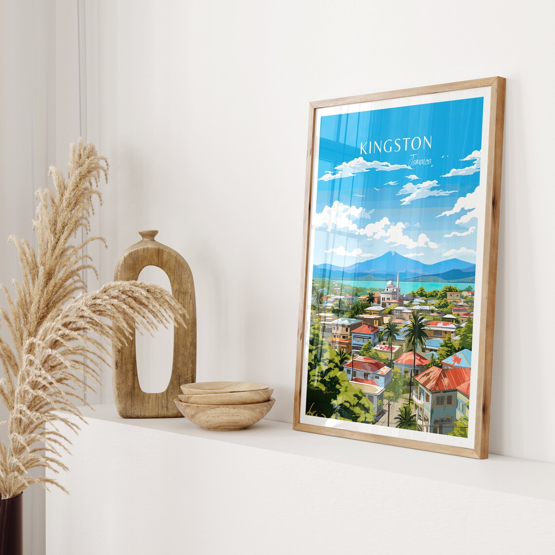 Kingston Jamaica Sunny Tropical Harbor Palm Cityscape Poster - Image 2