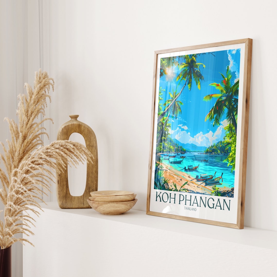 Tropical Koh Phangan Thailand Beach with Boats and Palms Poster - Image 2