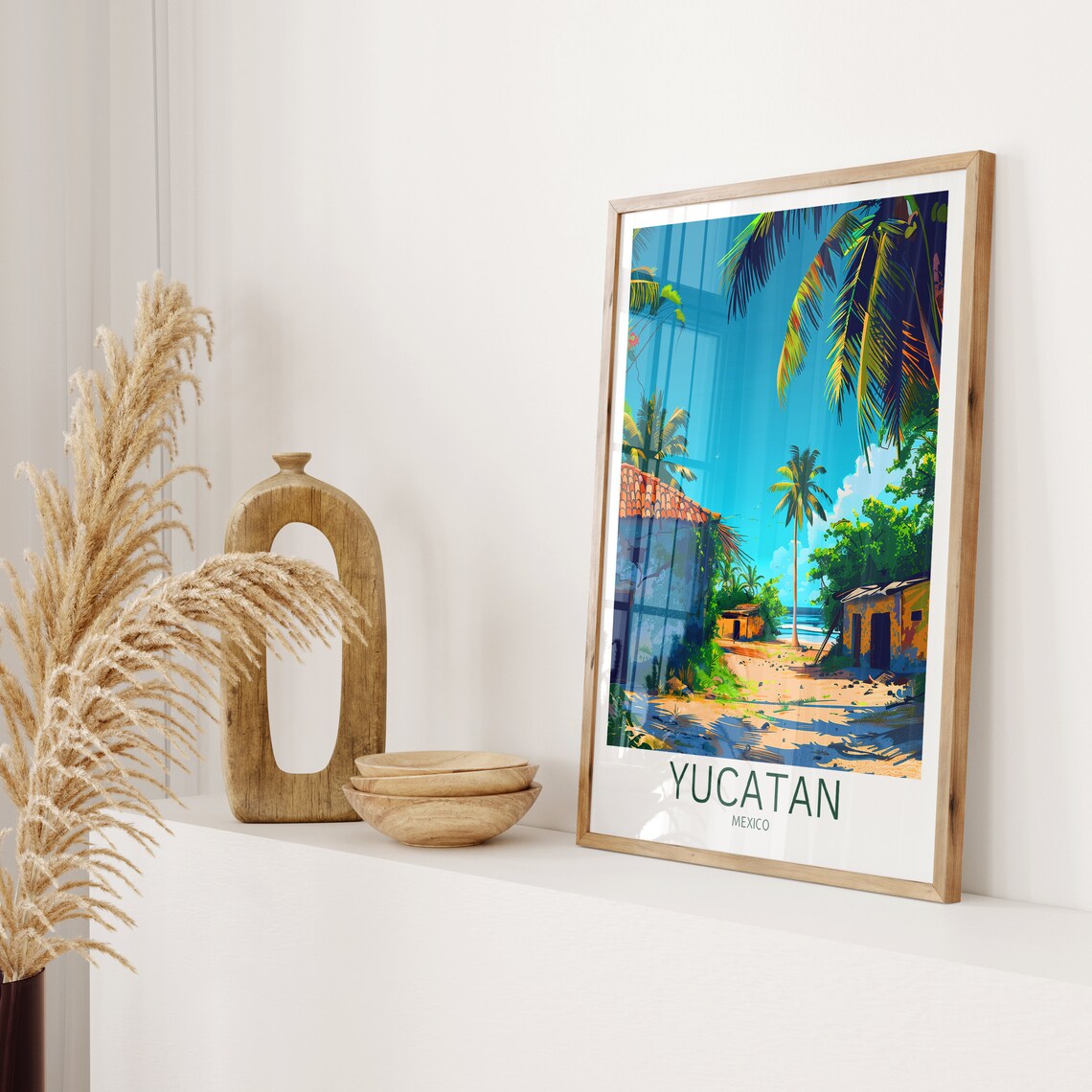 Yucatan Mexico Travel Poster Tropical Village Palm Trees Sea Path Art - Image 2