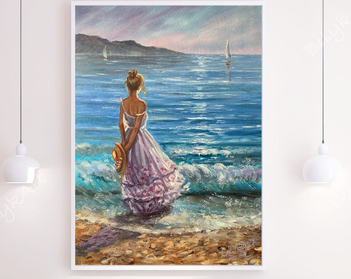 Woman In Lavender Dress By The Ocean Waves Romantic Beach Art Poster - Image 3