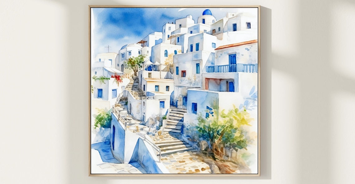 Greek Island Village Watercolor Painting Whitewashed Blue Dome Poster