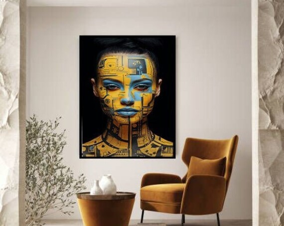 Gold and Blue Cyborg Woman Futuristic Robot Portrait Art Poster