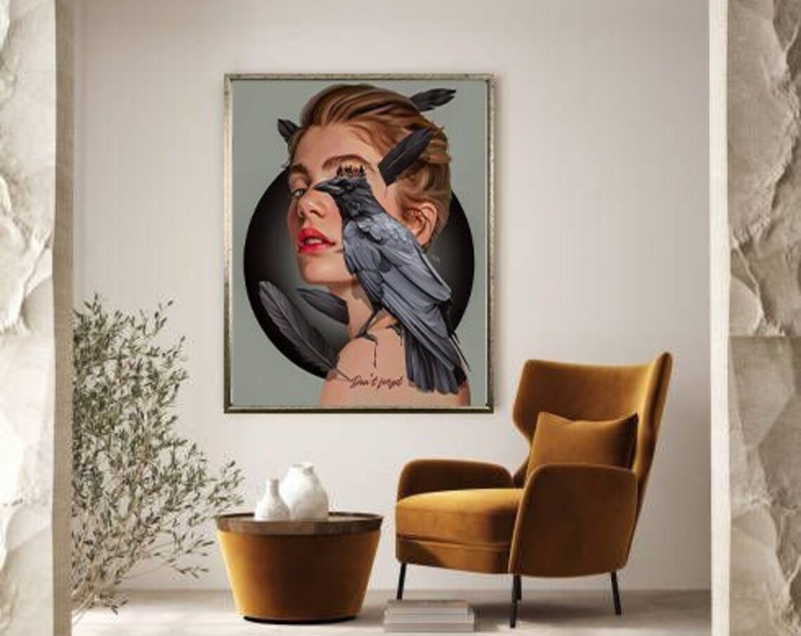Surreal Woman Portrait with Raven Perched on Shoulder Dark Poster