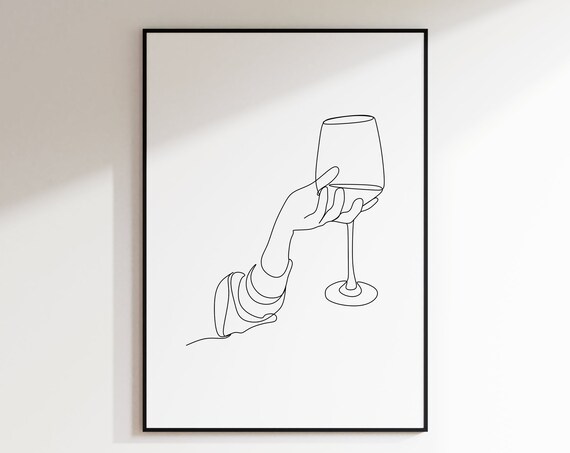 Hand Raising Wine Glass Cheers Minimal Continuous Line Art Poster