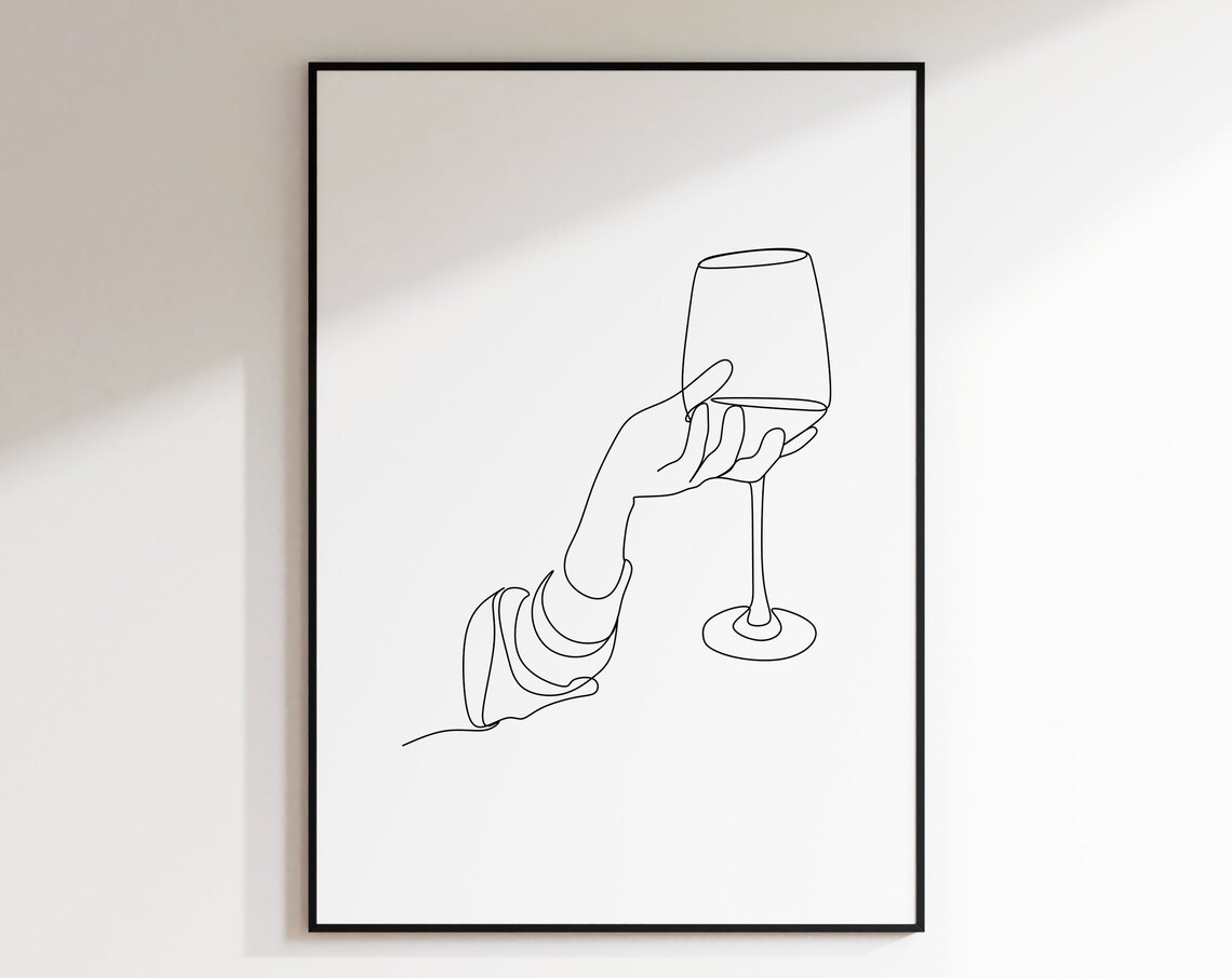 Hand Raising Wine Glass Cheers Minimal Continuous Line Art Poster