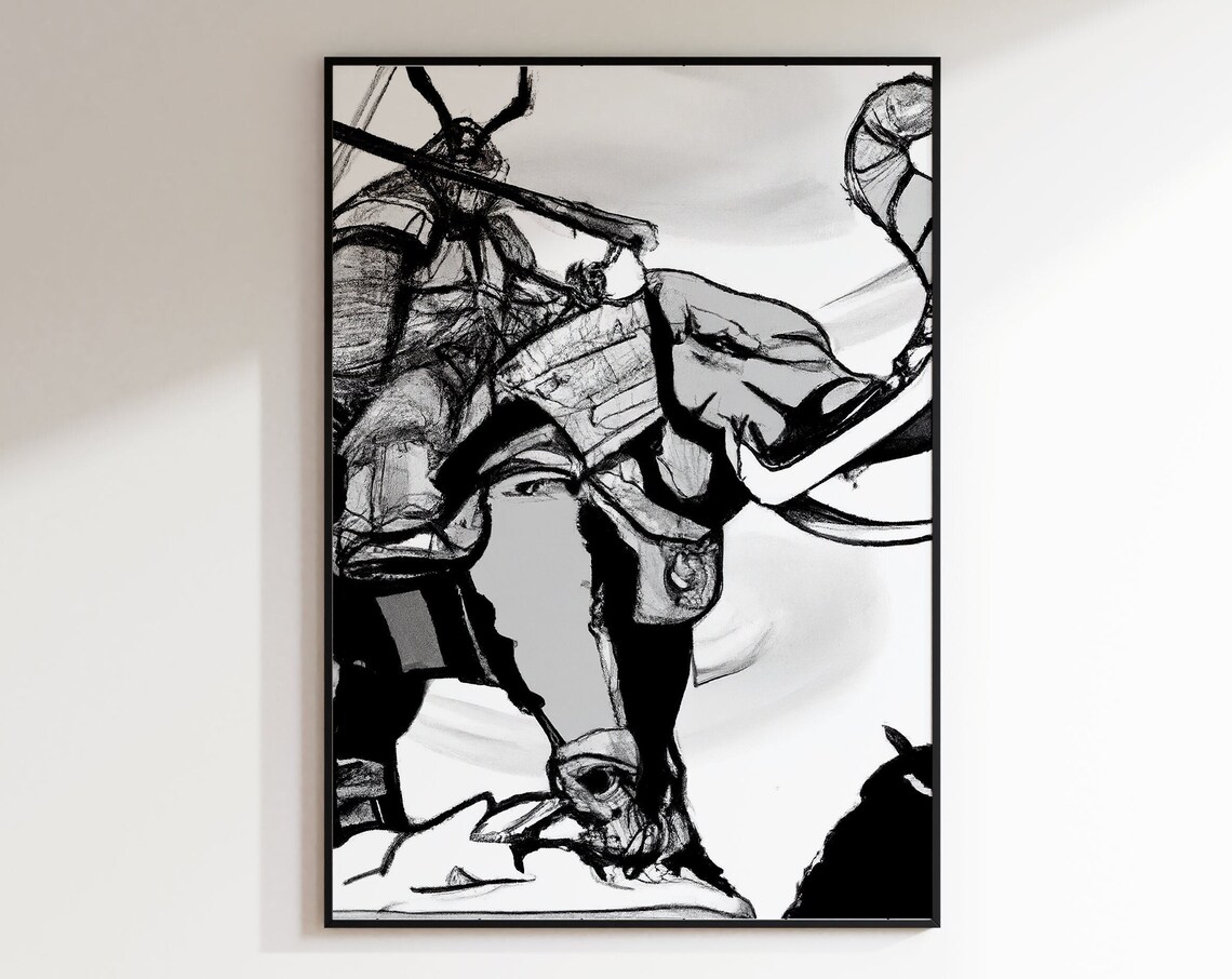 Samurai Armor Battle Stance Ink Brush Stroke Japanese Art Poster