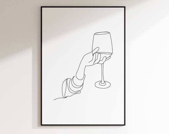 Hand Holding Wine Glass Cheers Minimalist Line Art Toast Poster