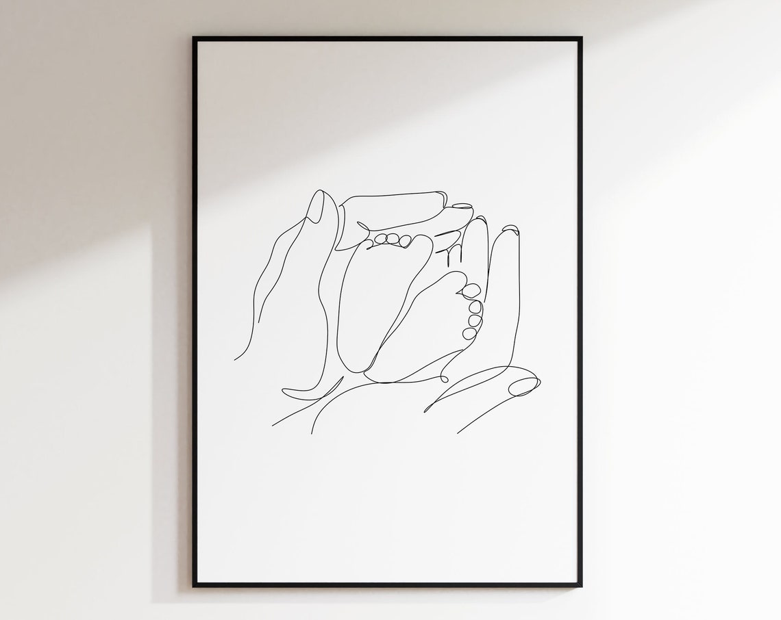 Baby Feet in Hands Delicate Line Art Newborn Nursery Keepsake Poster