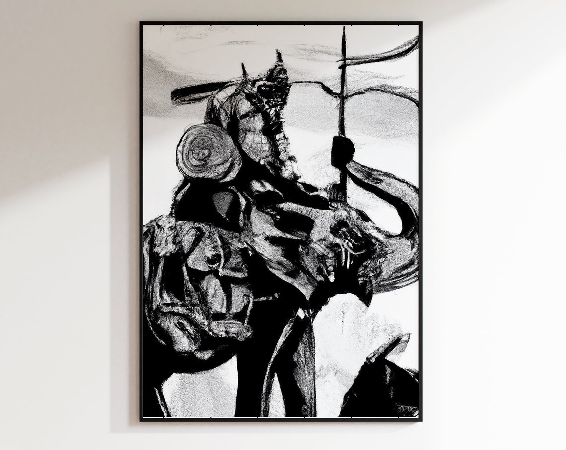 Samurai Warrior Riding Elephant Ink Sketch Japanese Artwork Poster