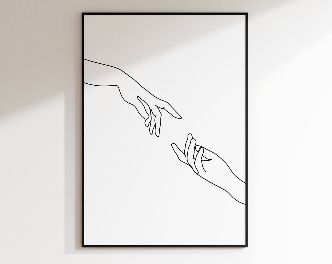 Two Hands Reaching Minimalist Line Art Michelangelo Style Poster