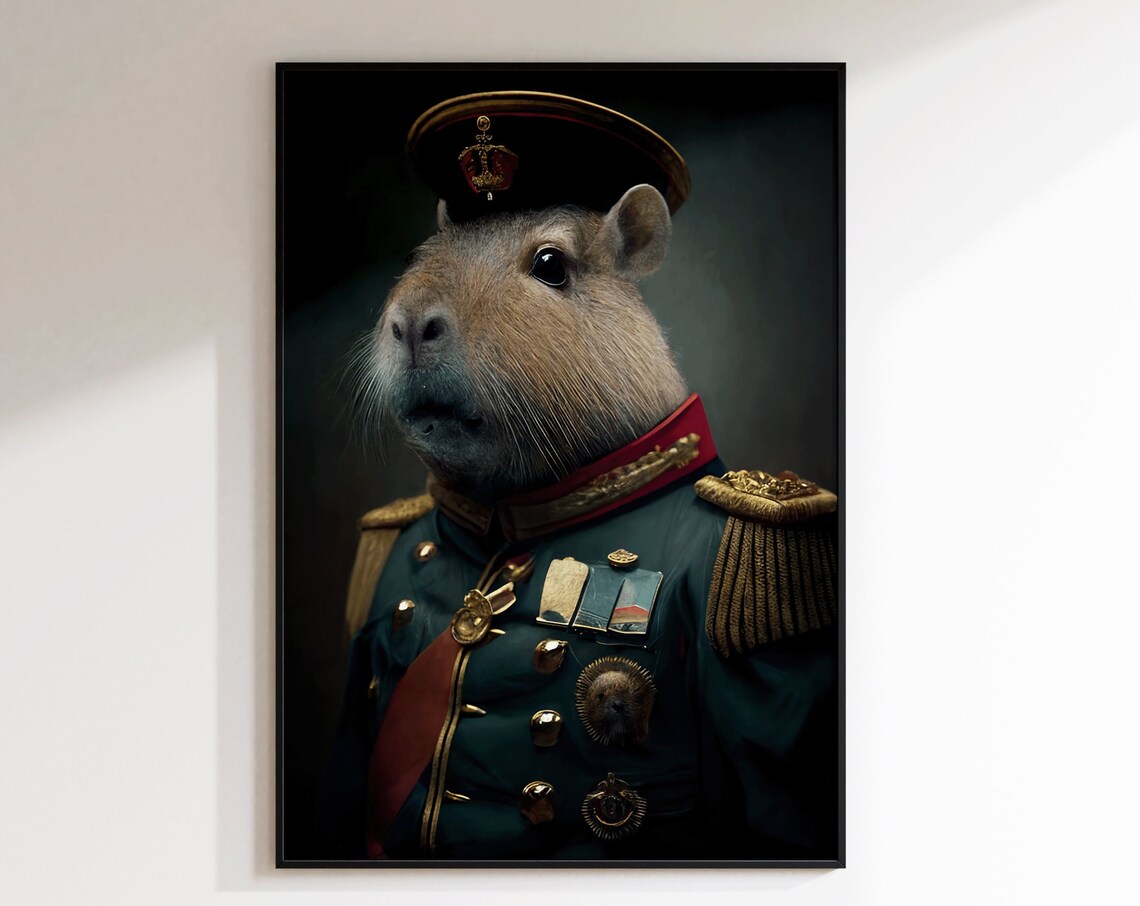 Capybara in Military Uniform Funny Animal Portrait Oil Style Poster