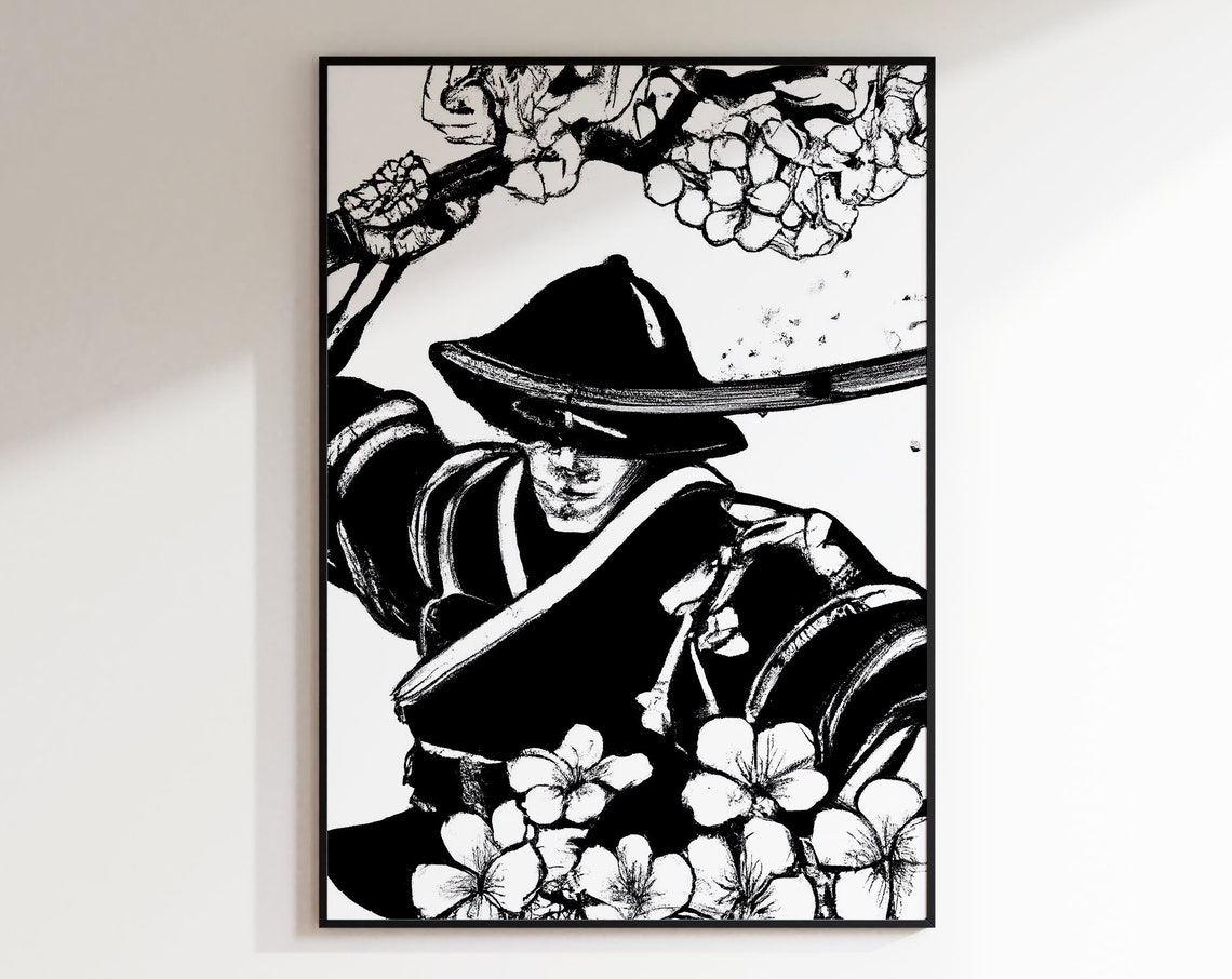 Samurai Warrior Sword Draw Cherry Blossom Ink Illustration Poster