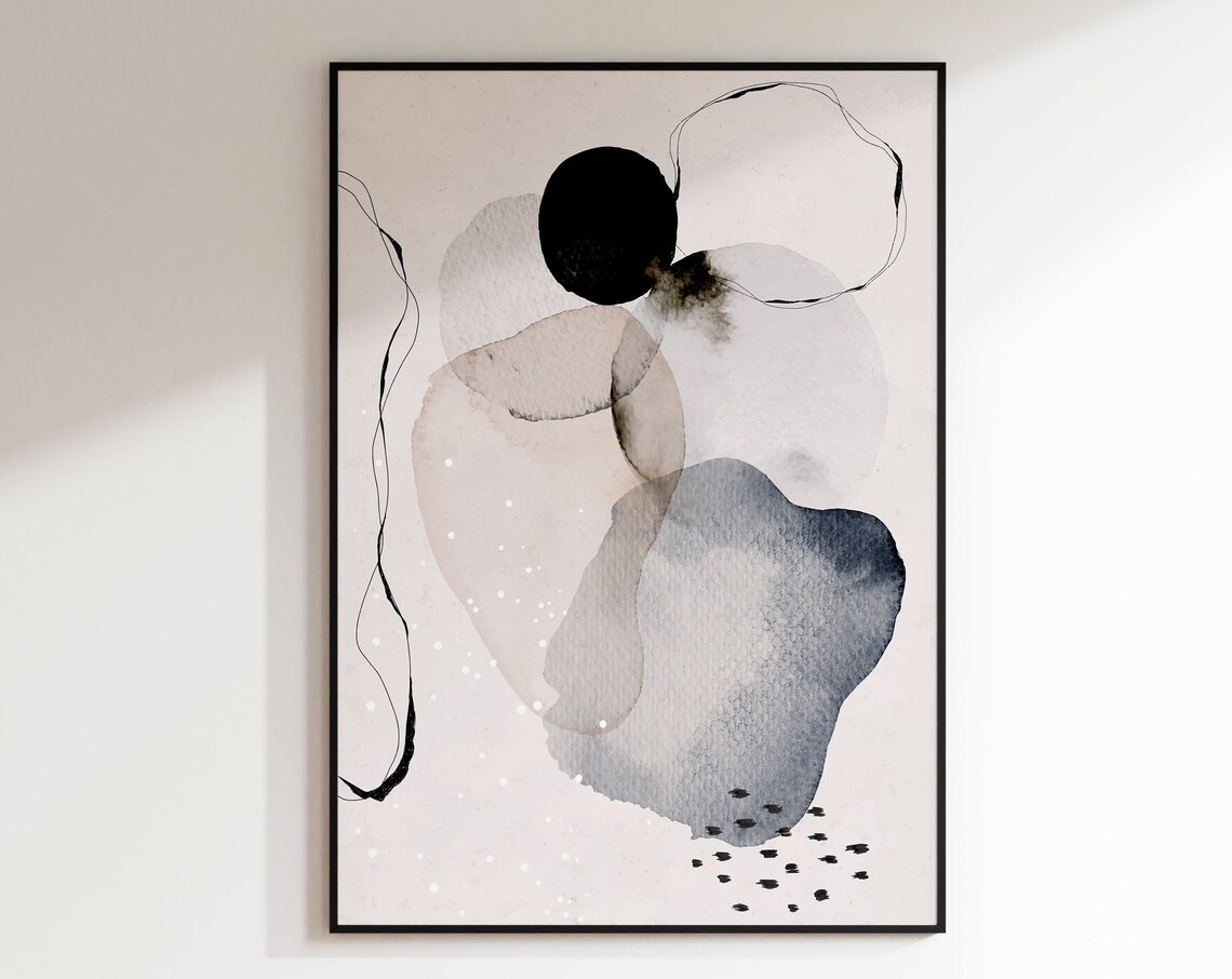 Grey Watercolor Blobs Abstract Neutral Blue Ink Speckled Art Poster