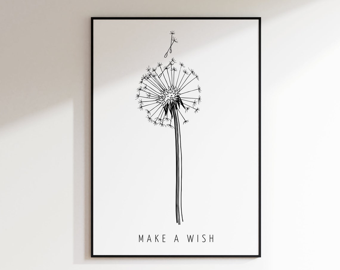 Dandelion Make a Wish Delicate Line Art Botanical Inspirational Poster
