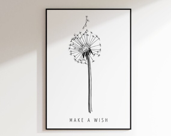 Dandelion Make a Wish Delicate Line Art Botanical Inspirational Poster